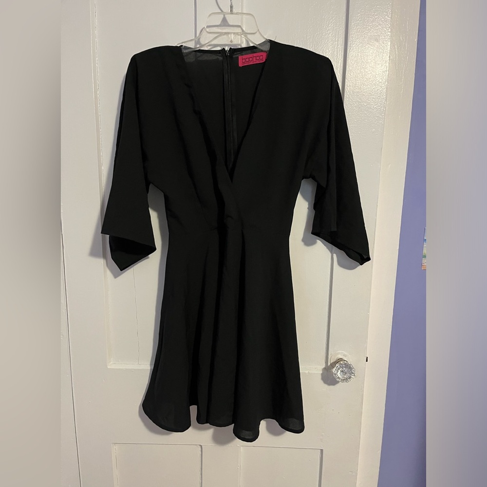 Boohoo black mini dress swing skirt faux wrap top small